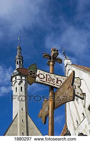 Churches And Sign In Tallinn Old Town View Large Photo Image Stock Photo - Churches And Sign In Tallinn Old Town. Fotosearch