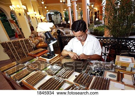 Picture - Cigar Maker Rolling Cigars; Playa Del Carmen, Quintana Roo, Mexico. Fotosearch
