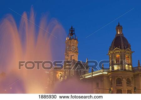 Stock Image - City Hall And Fountain In Plaza Del Ayuntamiento, Close Up. Fotosearch