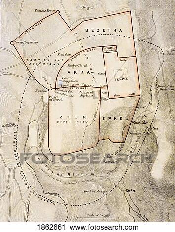 Stock Image - City Map Of Ancient Jerusalem From The Citizen's Atlas Of The World Published London Circa 1899. Fotosearch