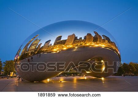 Stock Photo - City Reflected In Cloud Gate Sculpture In Millennium Park, At Dusk. Fotosearch
