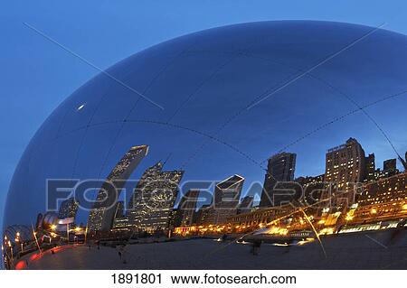 Stock Image - City Skyline Reflecting In 'cloud Gate' (The Bean) Sculpture At Dusk. Fotosearch