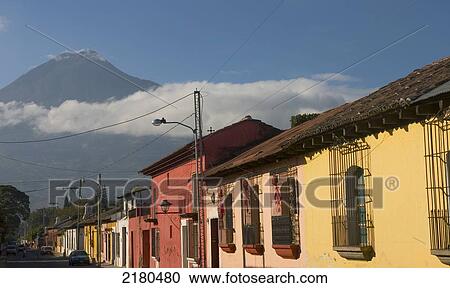 Stock Image - City Street And Agua Volcano Antigua Guatemala. Fotosearch