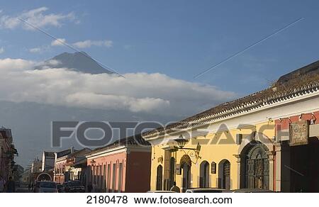 City Street And Agua Volcano Antigua Guatemala View Large Photo Image Stock Photo - City Street And Agua Volcano Antigua Guatemala. Fotosearch