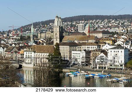 Stock Photo - Cityscape And Boats In The Harbour; Zurich Switzerland. Fotosearch
