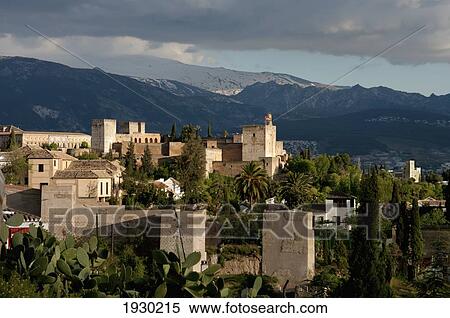 Stock Photography - Cityscape In Alhambra With Mountains In The Background; Granada Province, Andalucia, Spain. Fotosearch