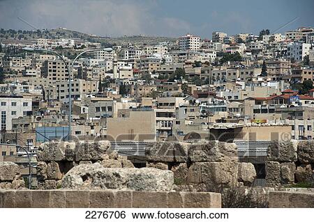 Stock Photograph - Cityscape of modern Jerash; Jerash, Jordan. Fotosearch