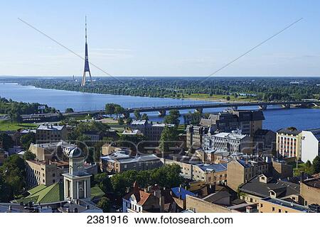 Stock Photograph - Cityscape view of Riga from Academy of Science looking towards Daugava River and Television Tower; Riga, Latvia. Fotosearch