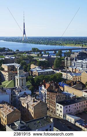 Stock Photography - Cityscape view of Riga from Academy of Science looking towards Daugava River and Television Tower; Riga, Latvia. Fotosearch