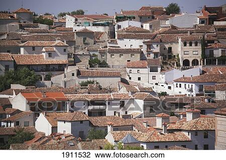 Stock Image - Cityscape With Houses With Tiled Roofs, Chinchon, Spain. Fotosearch