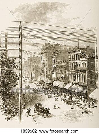 Stock Image - Clark Street, Chicago, Illinois In 1870S. From American Pictures Drawn With Pen And Pencil By Rev Samuel Manning Circa 1880. Fotosearch