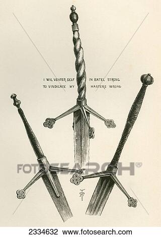 Stock Image - Claymores Or Scottish Late Medieval Two-Handed Longswords, In Warwick Castle, England. From The British Army: It's Origins, Progress And Equipment, Published 1868.. Fotosearch