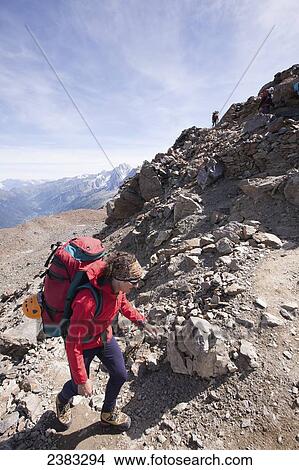 Picture - Climbing Mont Blanc mountain, one of the most popular climbs in the Alps, and highest in western Europe; France. Fotosearch