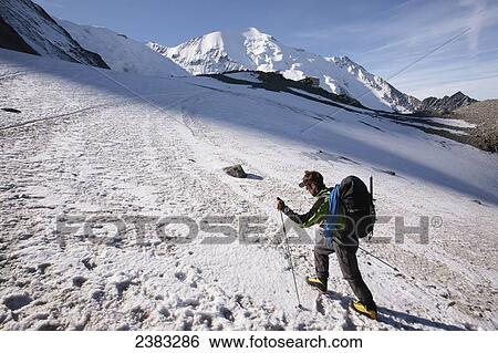 Stock Photograph - Climbing Mont Blanc mountain, one of the most popular climbs in the Alps, and highest in western Europe, near Tete Rousse hut; France. Fotosearch