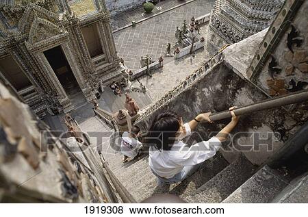 Stock Photo - Climbing The Steps Of Wat Arun. Fotosearch