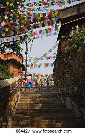 Climbing The Steps To The Swayambhunath Stupa In Kathmandu, Nepal View Large Photo Image Stock Photo - Climbing The Steps To The Swayambhunath Stupa In Kathmandu, Nepal. Fotosearch