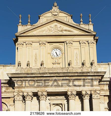 Stock Photograph - Clock And Ornate Facade Of The Cathedral Of Guatemala City; Guatemala City Guatemala. Fotosearch