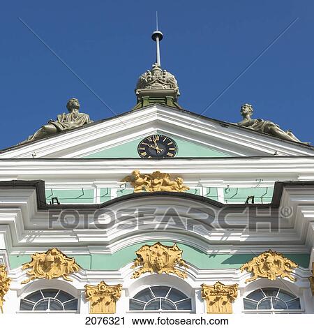 Stock Image - Clock And Sculptures On The Winter Palace; St. Petersburg Russia. Fotosearch