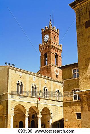 Stock Photo - Clock Tower And Piazza Pio Ii. Fotosearch
