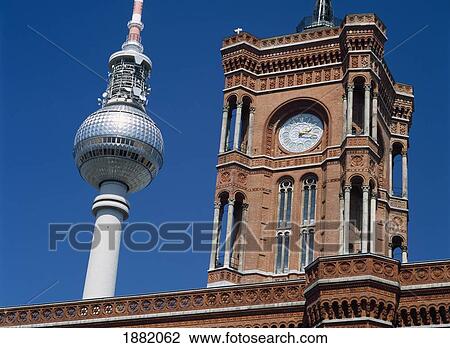 Clock Tower Of Old Building And Fernsehturm View Large Photo Image Stock Image - Clock Tower Of Old Building And Fernsehturm. Fotosearch