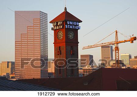 Clock Tower Of Union Station In The City Skyline; Portland, Oregon, United States Of America View Large Photo Image Stock Photo - Clock Tower Of Union Station In The City Skyline; Portland, Oregon, United States Of America. Fotosearch