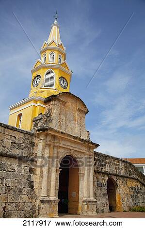 Stock Photo - Clock Tower (Torre Del Reloj) Outside Plaza De Los Coches; Cartagena Colombia. Fotosearch