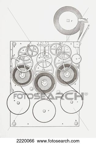 Stock Photograph - Clock With Chimes. From The Cyclopaedia Or Universal Dictionary Of Arts, Sciences And Literature By Abraham Rees, Published London 1820.. Fotosearch