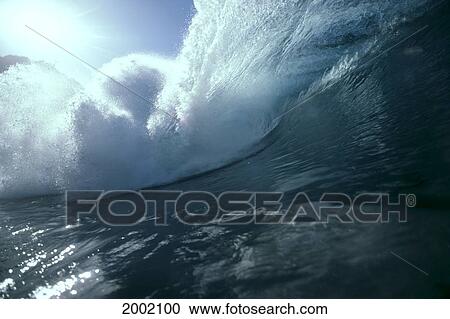 Stock Image - Close-Up Inside Action Wave About To Crash, Glassy Water Foreground, Star Filter. Fotosearch