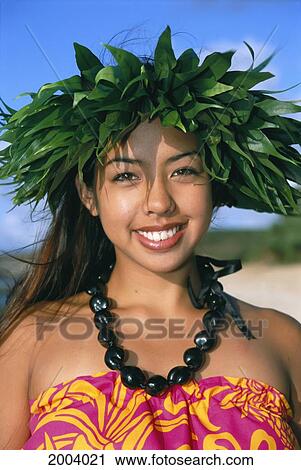 Stock Image - Close-Up Of Hula Dancer Smiling, At The Beach. Fotosearch