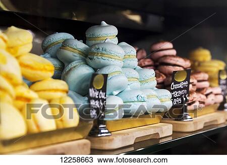 Stock Image - Close up of macaroons in store display; Dublin, County Dublin, Ireland. Fotosearch