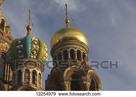 Stock Photo - Close up of the cupolas of the Church of Our Saviour on Spilled Blood, constructed on the site where Tsar Alexander II was assassinated; St. Petersburg, Russia. Fotosearch