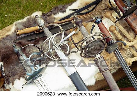 Stock Image - Close-Up Of Weapons At Lacock Abbey, Lacock, Wiltshire, Uk. Fotosearch