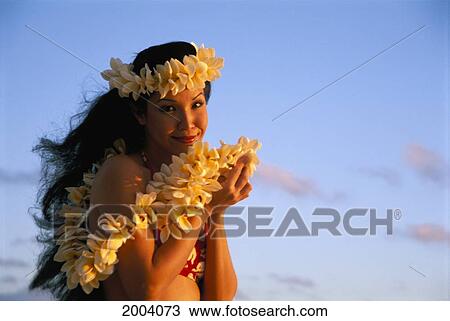 Close-Up Of Young Woman Wearing Plumeria Haku And Leis, Soft Blue Sunrise Sky View Large Photo Image Stock Image - Close-Up Of Young Woman Wearing Plumeria Haku And Leis, Soft Blue Sunrise Sky. Fotosearch