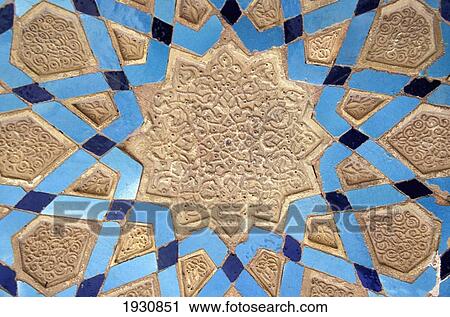Stock Image - Close-Up On Detailed Colorful Wall Decoration, Jami Mosque, Yazd, Iran; Yazd, Iran. Fotosearch