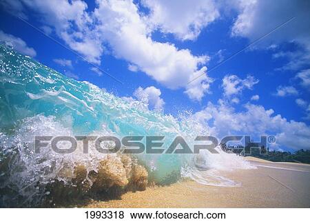 Closeup Action Of Shorebreak Ocean Wave, Turbulent Motion Blue Sky With Puffy Clouds View Large Photo Image Stock Photo - Closeup Action Of Shorebreak Ocean Wave, Turbulent Motion Blue Sky With Puffy Clouds. Fotosearch