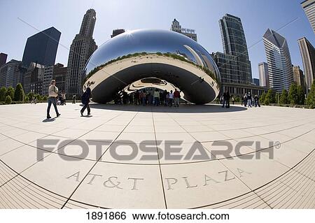 Stock Photograph - Cloud Gate Sculpture, Cityscape In Background. Fotosearch
