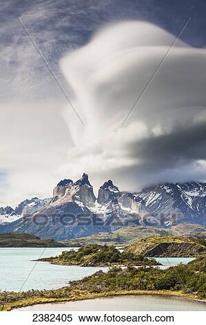 Stock Photography - Clouds over the horns in the Torres del Paine National Park; Chile. Fotosearch