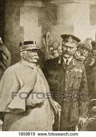 Stock Photo - Co-Ordinating Allied Strategy: General Joffre Leaving The War Office With Lord Kitchener On October 29, 1915, During His First Visit To London Since The Outbreak Of The War. Drawn By Christopher Clark.. Fotosearch
