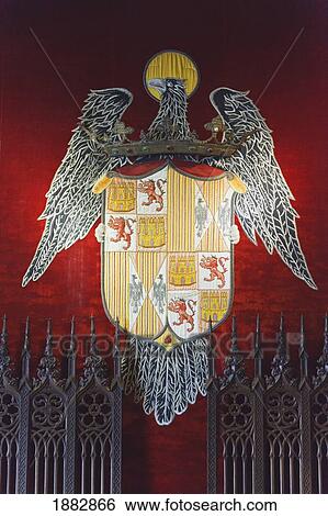 Stock Photograph - Coat Of Arms Of The Catholic Kings (Fernando Ii Of Aragon And Isabel I Of Castilla) In The Throne Room In The Alcazar; Segovia, Segovia Province, Spain. Fotosearch