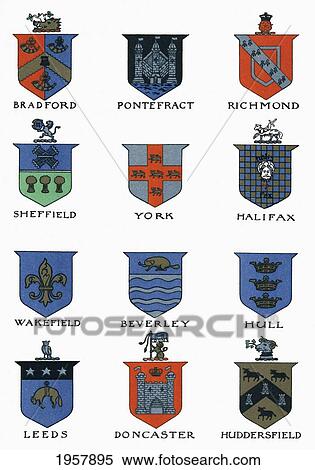 Stock Photography - Coats Of Arms Of The Major Yorkshire Towns. From Picturesque History Of Yorkshire, Published C. 1900.. Fotosearch