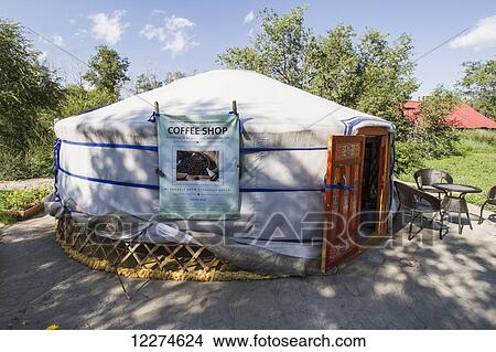 Picture - Coffee shop in a ger (yurt), Ulaanbaatar (Ulan Bator), Mongolia. Fotosearch