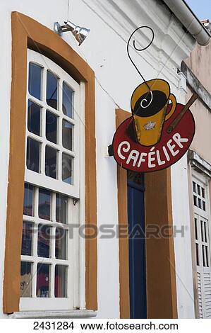Picture - Coffee sign outside a cafe in the historic Pelourinho district; Salvador, Bahia, Brazil. Fotosearch