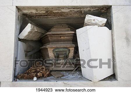 Stock Image - Coffin in abandoned niche at the Cementerio de la Recoleta, Buenos Aires, Capital Federal, Argentina. Fotosearch