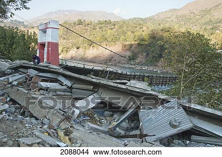 Collapsed Suspension Bridge Over The Jelhum River After The 8 October 2005 Earthquake, Garhi Dopatta, Azad Jammu & Kashmir, Pakistan View Large Photo Image Picture - Collapsed Suspension Bridge Over The Jelhum River After The 8 October 2005 Earthquake, Garhi Dopatta, Azad Jammu & Kashmir, Pakistan. Fotosearch