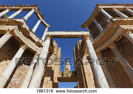 Stock Photograph - Colonnade Behind The Stage Of The Roman Theatre Built In The First Century B. C.; Merida, Badajoz Province, Spain. Fotosearch