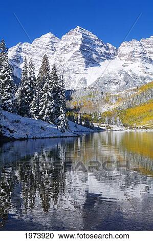 Colorado, Near Aspen, Landscape Of Maroon Lake And On Maroon Bells In Distance, Early Snow. View Large Photo Image Stock Image - Colorado, Near Aspen, Landscape Of Maroon Lake And On Maroon Bells In Distance, Early Snow.. Fotosearch