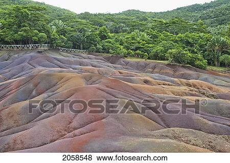 Stock Photo - Colored Earths Of Chamarel. These Seven-Colored Dunes Are A Result From The Weathering Of Volcanic Rocks., Mauritius. Fotosearch