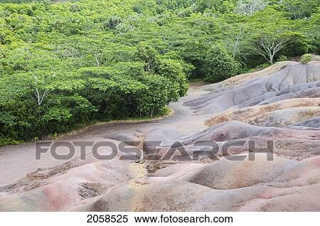 Stock Photography - Colored Earths Of Chamarel. These Seven-Colored Dunes Are A Result From The Weathering Of Volcanic Rocks., Mauritius. Fotosearch