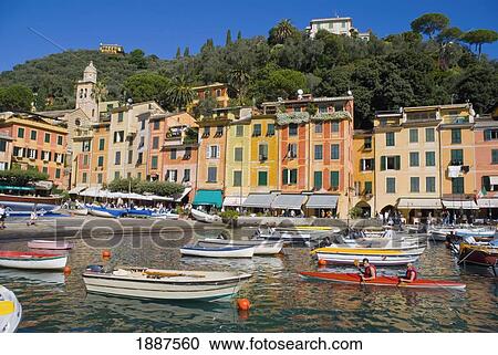 Stock Image - Colorful Buildings Along Harbor In Portofino. Fotosearch