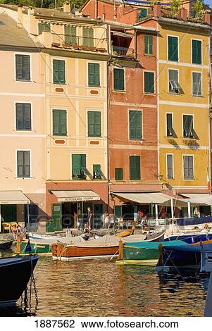 Stock Image - Colorful Buildings By Harbor In Portofino. Fotosearch